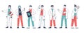 Biology research lab outline workers group, biotechnology lab employees characters. Scientist lab chemists with test tubes and