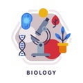 Biology School Subject Icon, Education and Science Discipline with Related Elements Flat Style Vector Illustration