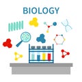 Biology science education concept poster in flat style. Biology school laboratory equipment. Vector illustration Royalty Free Stock Photo