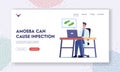 Biology Science Landing Page Template. Scientist Male Character Working on Laptop Reading Information of Protozoa