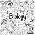 Biology science theory doodle handwriting and tool model icon in