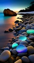 Bioluminescence beach with crystal stones