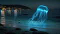 Bioluminescence. Blue, teal glowing jellyfish floating above the beach. Eerie underwater ocean marine life. Light in the dark