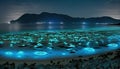 Bioluminescence. Blue, teal glowing jellyfish and underwater ocean marine life, algae. Light in the dark background landscape.