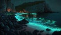 Bioluminescence. Blue, teal glowing jellyfish and underwater ocean marine life algae. Light in the dark background landscape.