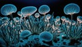 Bioluminescence. Blue, teal glowing jellyfish and underwater ocean marine life. Light in the dark background.