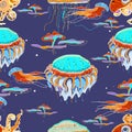 Bioluminescence deep underwater sea animals.Vector semless pattern. Jellyfish, octopus