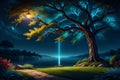 Bioluminescence tree light glowing at night-time in a cool home-friendly field Royalty Free Stock Photo