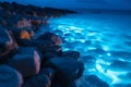 Bioluminescence water rocks blue. Generate Ai