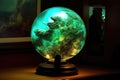 bioluminescent algae-filled glass orb display