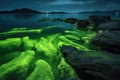 bioluminescent algae illuminating rocky coastline