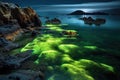 bioluminescent algae illuminating rocky coastline