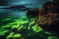 bioluminescent algae illuminating a rocky shoreline