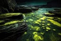bioluminescent algae patterns in tide pool close-up