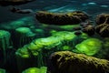 bioluminescent algae patterns in tide pool close-up