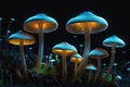 Bioluminescent Enchantment: Translucent Fluorescent Mushrooms Sprouting on a Pitch-Black Background, Caps and Stems Aglow