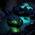 Bioluminescent etherial water elements background. AI render. Royalty Free Stock Photo