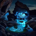 Bioluminescent etherial water elements background. AI render. Royalty Free Stock Photo