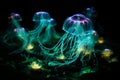 Bioluminescent jellyfish organisms, graceful and translucent creatures of deep sea dark underwater.