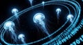 Bioluminescent Jellyfish Swimming Through Digital Binary Code Data Stream Royalty Free Stock Photo