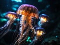 Bioluminescent jellyfish in underwater cave macro