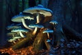 bioluminescent mushrooms illuminating a tree trunk