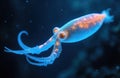 Bioluminescent squid swims in dark deep ocean water. Small marine creature glows with blue and orange light. Underwater animal Royalty Free Stock Photo