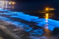 Bioluminescent tide makes the waves glow blue around the Scripps Pier in La Jolla, California Royalty Free Stock Photo