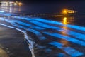 Bioluminescent tide makes the waves glow blue around the Scripps Pier in La Jolla, California