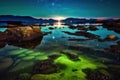 bioluminescent tide pool reflections under a starry sky Royalty Free Stock Photo