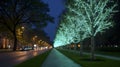 Bioluminescent trees lining sidewalks, AI generated image Royalty Free Stock Photo