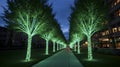 Bioluminescent trees lining sidewalks, AI generated image Royalty Free Stock Photo