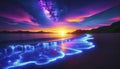 Bioluminescent Waves on Sunset Beach with Galaxy View Royalty Free Stock Photo