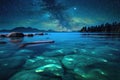 bioluminescent waves under a starry night sky