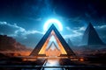 Bioluminicent neom glowing stargate in front of a pyramid, cinematic