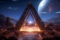 Bioluminicent neom glowing stargate in front of a pyramid, cinematic