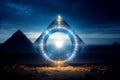 Bioluminicent neom glowing stargate in front of a pyramid, Space Inspirations