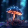A bioluminiscent blue colored mushroom glowing in the dark Royalty Free Stock Photo