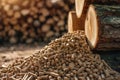 Biomass wood pellets pile and woodpile. Generative AI