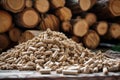 Biomass wood pellets pile and woodpile. Generative AI