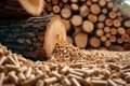 Biomass wood pellets pile and woodpile. Generative AI