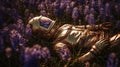 Biomechanical astronaut lying in a meadow of purple HYACINTH. Generative AI