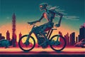 A biomechanical being speeding on a cutting-edge motorbike through a high-tech metropolis. Fantasy concept , Illustration painting Royalty Free Stock Photo