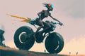 A biomechanical being speeding on a cutting-edge motorbike through a high-tech metropolis. Fantasy concept , Illustration painting Royalty Free Stock Photo