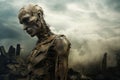 biomechanical disintegrating robot in form of human against the background of post apocalyptic landscape, with destroyed