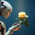 A biomechanical robot holds a yellow rose in its hands. Valentine\'s Day in the Future Royalty Free Stock Photo