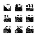 Biomes and landforms black glyph icons set on white space