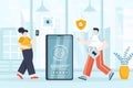 Biometric access control concept in flat design. Security service working scene. Man and woman use fingerprint scanner, access to Royalty Free Stock Photo