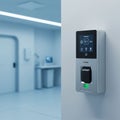 A biometric access control panel is mounted on a wall in a high-tech, futuristic room Royalty Free Stock Photo