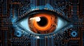 Biometric Authentication Eye Scanning Circuit Board Background Blue Orange Black. Generative AI Royalty Free Stock Photo